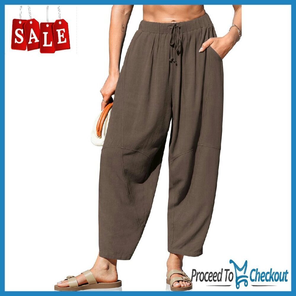 Linen Harem Pants Wide Leg Cropped Drawstring Waist Lightweight